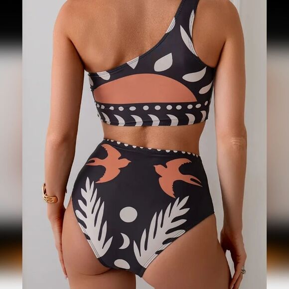 New One-Shoulder Boho Black and Orange High Waist Full Coverage Swim Set - Picture 2 of 14